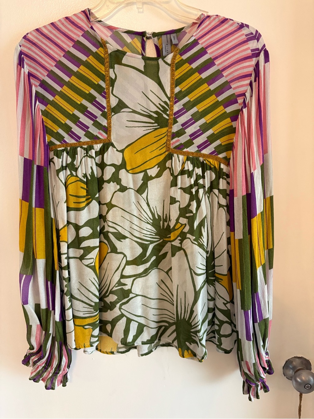 ANTHROPOLOGIE Bl-nk Blank Miranda Colorful Peasant Sheer Blouse! Long Sleeve. Sm